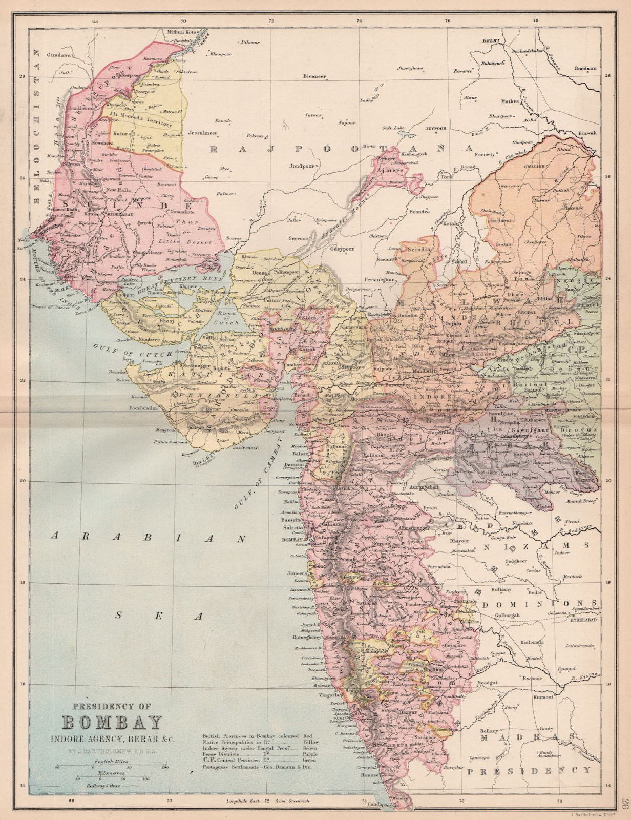 BRITISH INDIA. 'Bombay Presidency'. Scinde Gujerat Railways 1878 old map